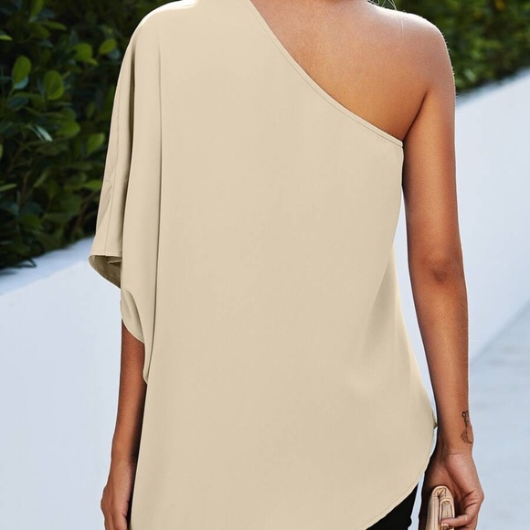 Boho Khaki One shoulder oversized solid Minimalist blouse - Picture 9 of 16